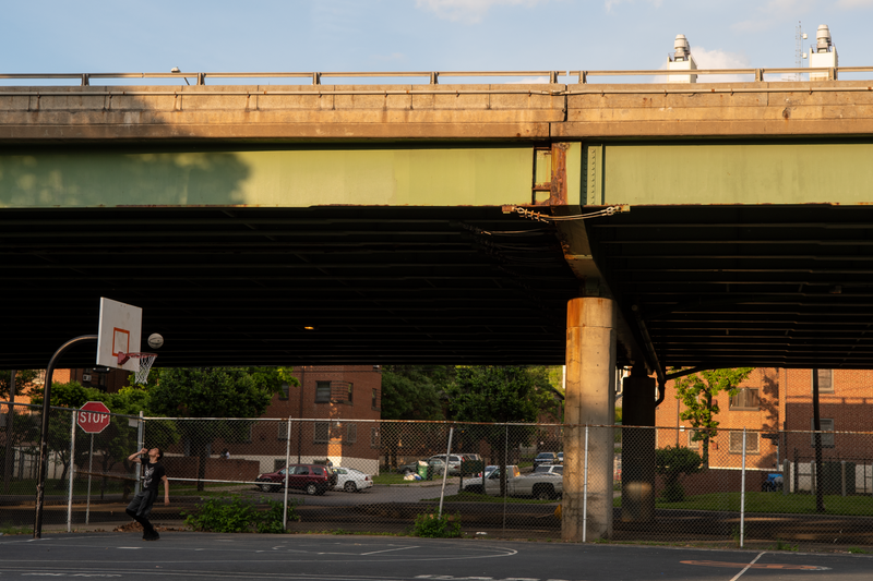 Wilson Park would be reconstructed under the community grid plan to be a more vibrant public space without the highway looming above it.